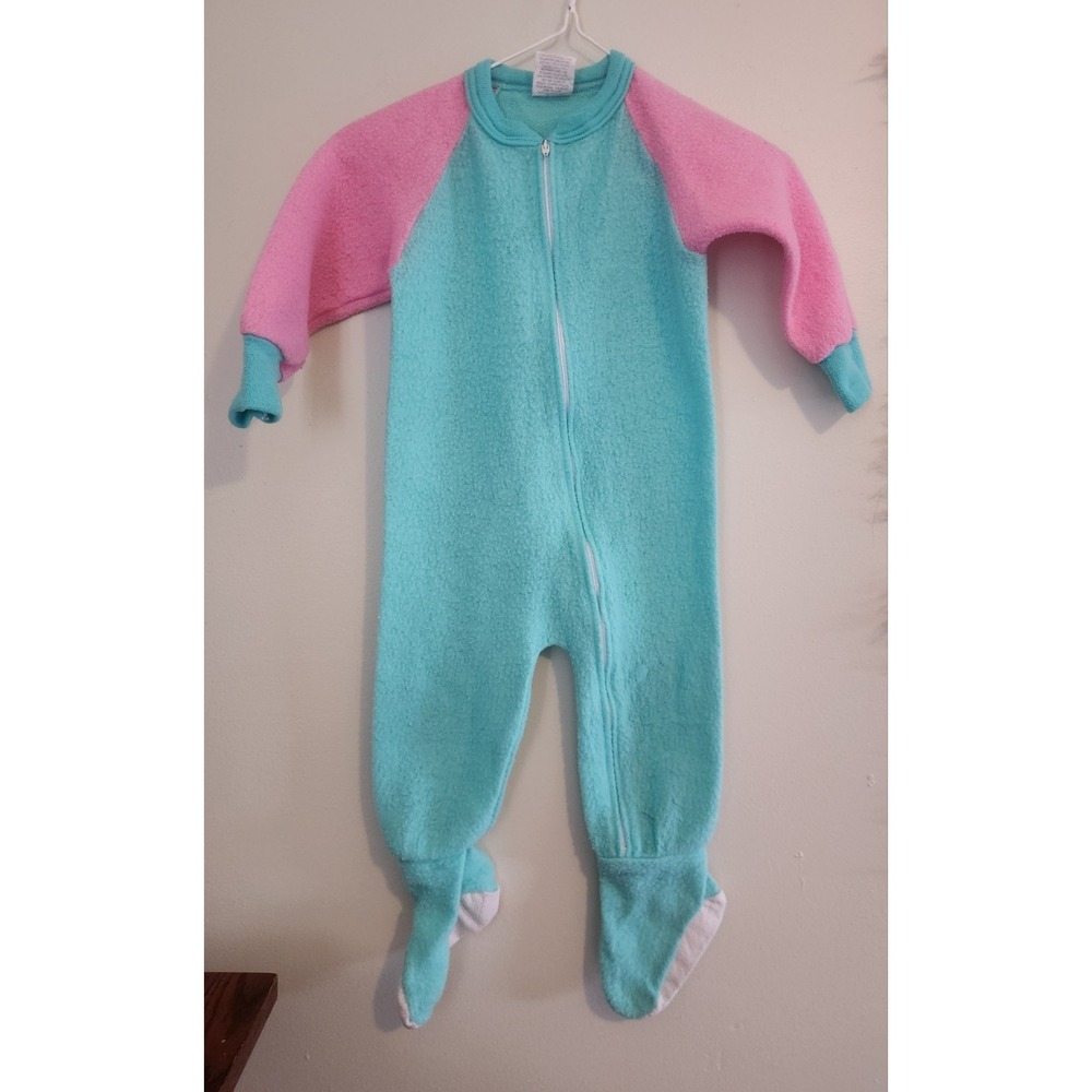 Vintage Colorblock Pink And Teal Kids One Piece Zip Up Pajamas Size‎ 3T USA Made